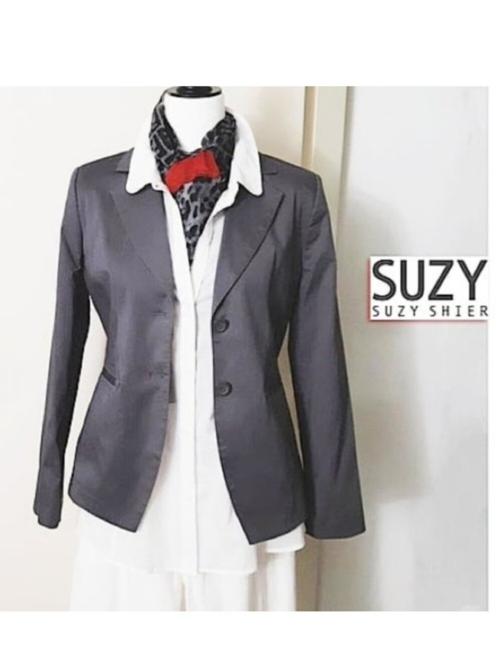 SUZY SHIER Petite Blazer Notched-lapel Solid Grey